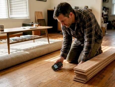 Homeowner checking hardwood flooring moisture