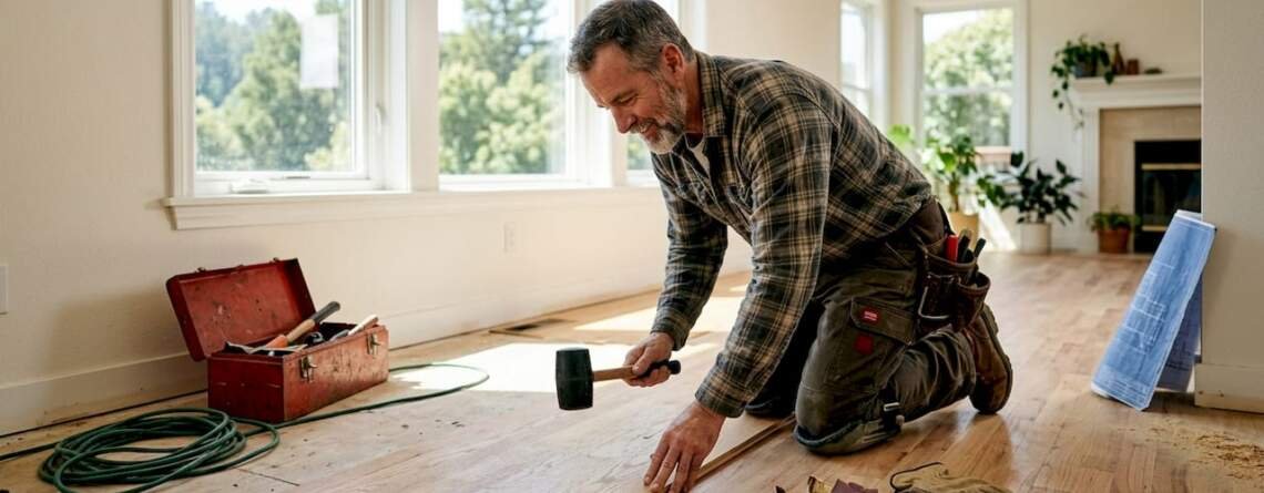 Contractor installing unfinished hardwood planks