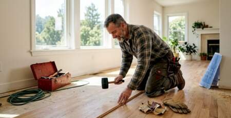 Contractor installing unfinished hardwood planks