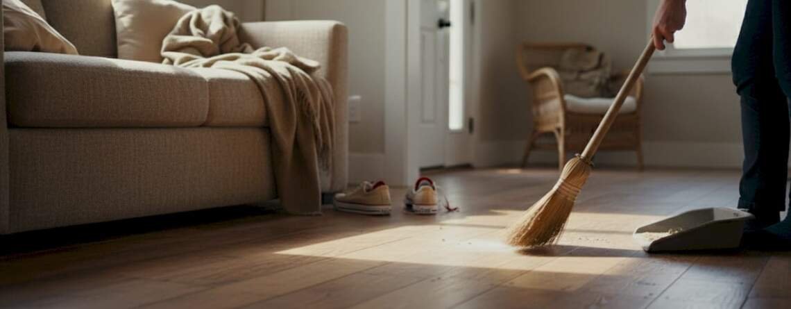 Hands sweeping distressed wood floor in home