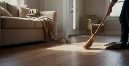 Hands sweeping distressed wood floor in home