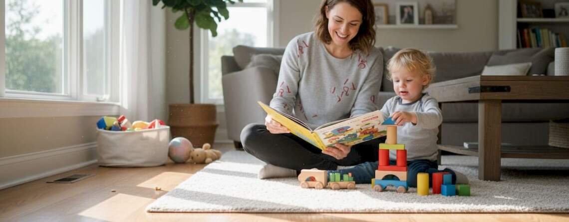 Mother and child on hardwood floor playing