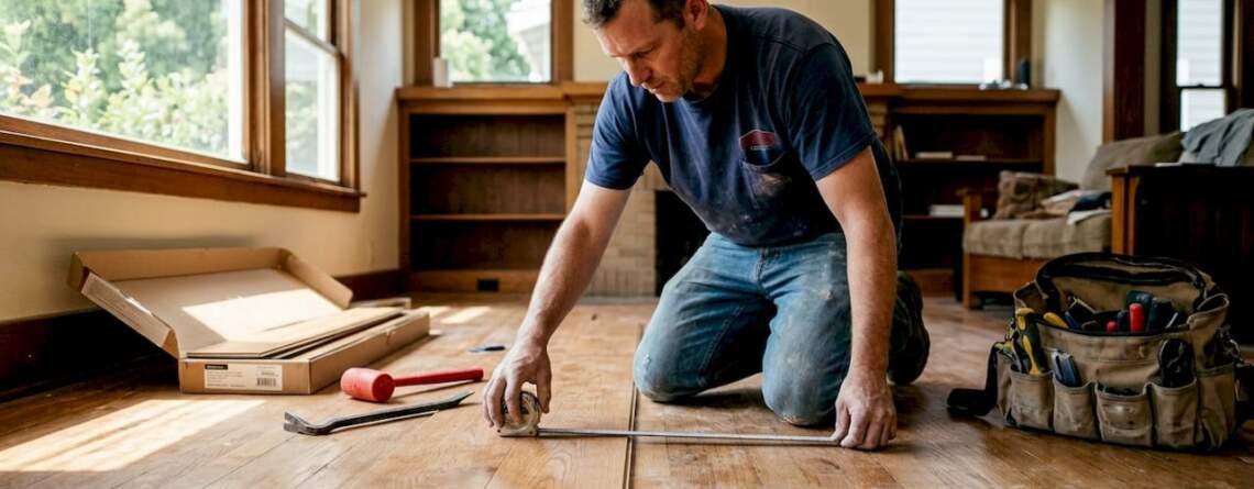 Flooring installer working on hardwood living room