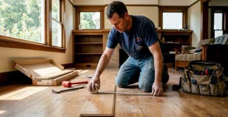 Flooring installer working on hardwood living room