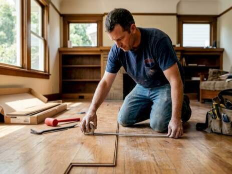 Flooring installer working on hardwood living room