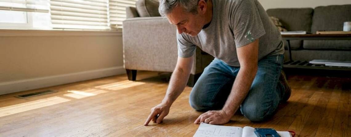 Homeowner inspecting worn hardwood floor