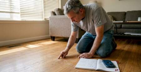 Homeowner inspecting worn hardwood floor