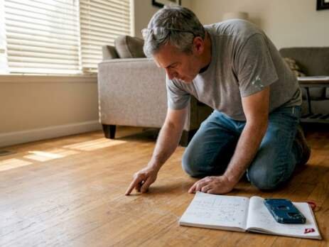 Homeowner inspecting worn hardwood floor