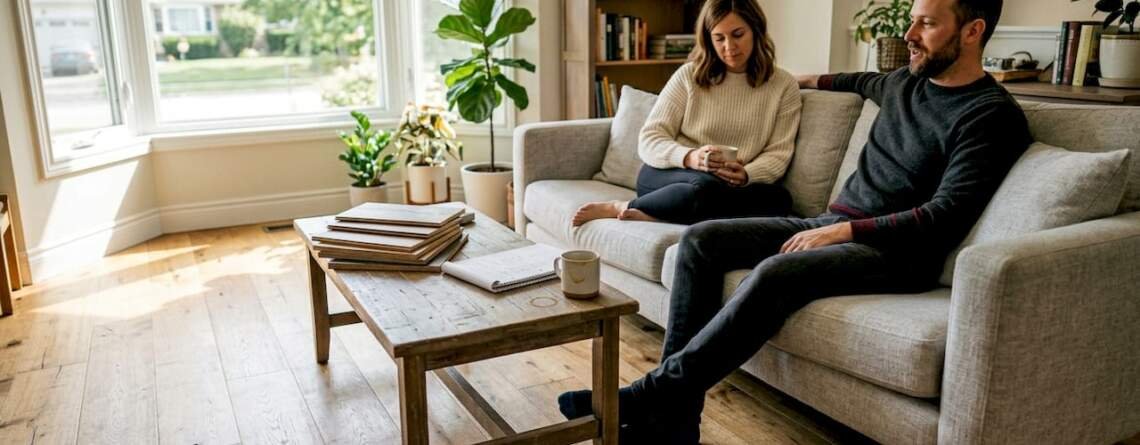 Stylish living room with wide-plank oak floors