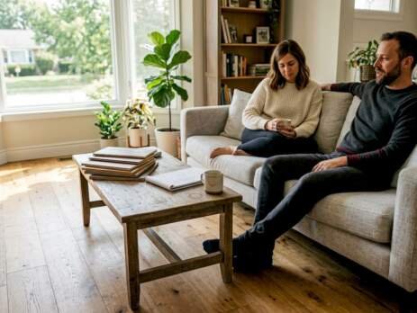Stylish living room with wide-plank oak floors