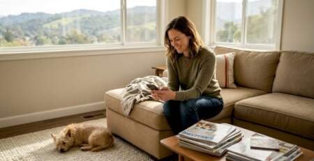 Bay Area living room with real hardwood flooring