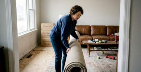 Homeowner preparing Bay Area living room for hardwood