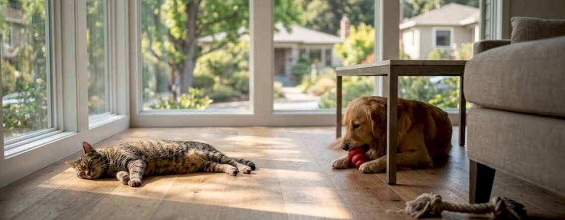 Cat and dog on engineered hardwood floors, sunlit home