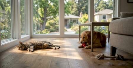 Cat and dog on engineered hardwood floors, sunlit home