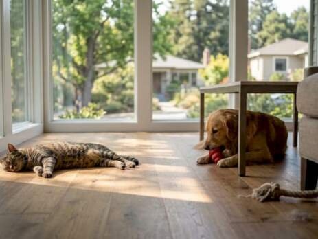Cat and dog on engineered hardwood floors, sunlit home