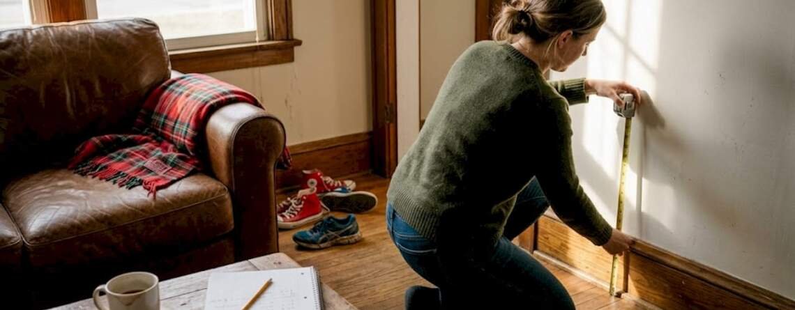 Woman measuring hardwood floor in home
