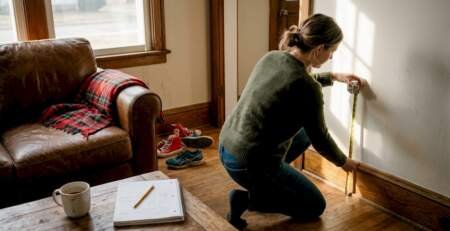Woman measuring hardwood floor in home