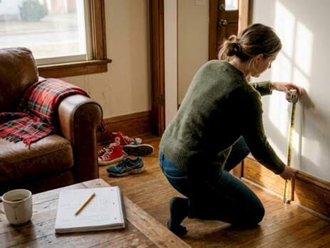 Woman measuring hardwood floor in home
