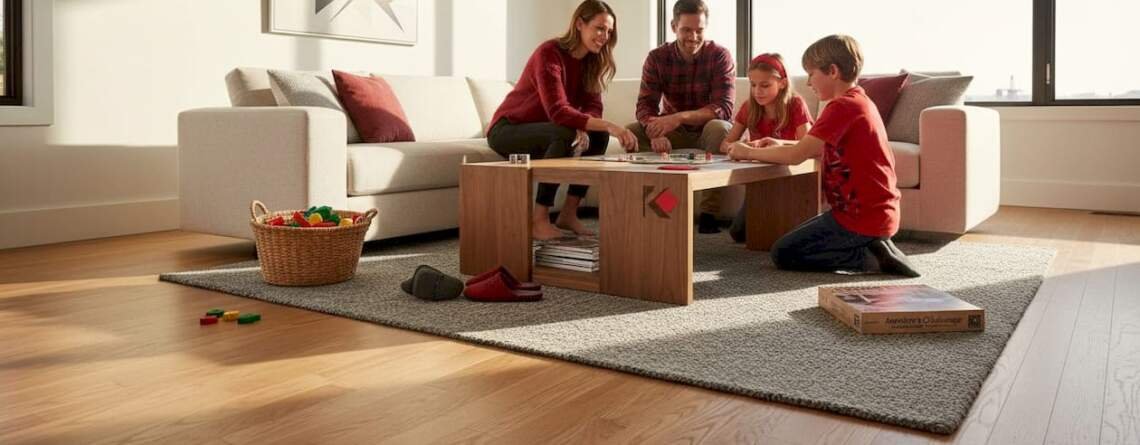 Family playing game on oak wood floor