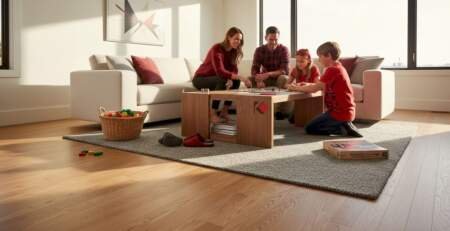 Family playing game on oak wood floor