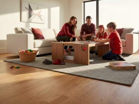 Family playing game on oak wood floor