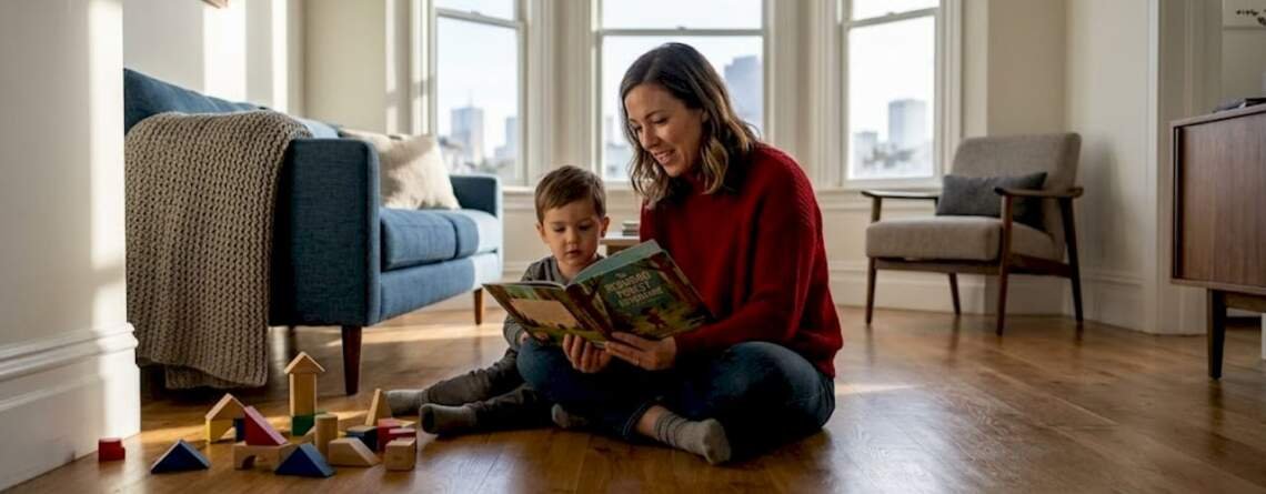Bay Area family sitting on bright hardwood floor