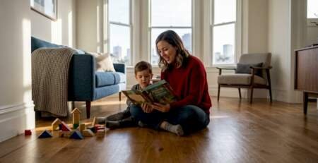 Bay Area family sitting on bright hardwood floor