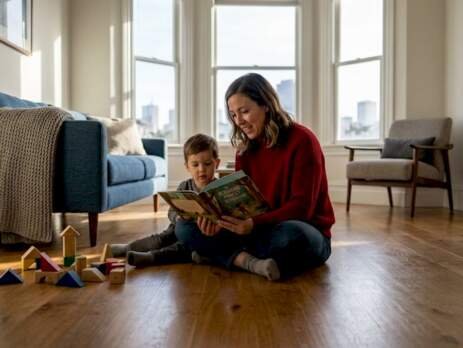 Bay Area family sitting on bright hardwood floor