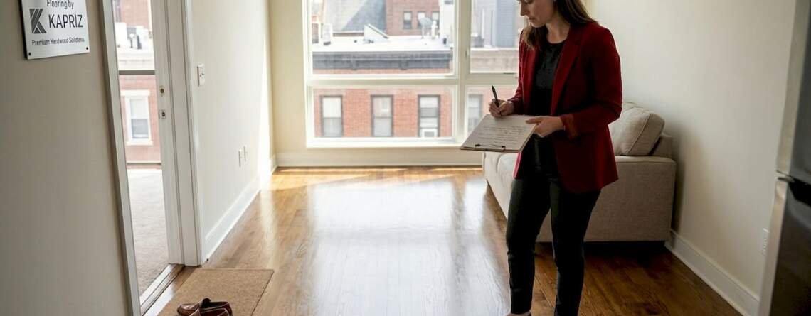 Manager inspecting hardwood floors in rental