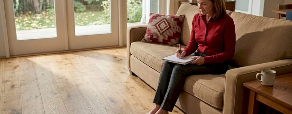 Woman writing in bright living room with matte floors