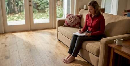 Woman writing in bright living room with matte floors
