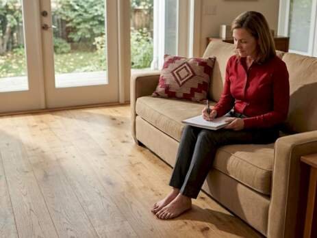Woman writing in bright living room with matte floors
