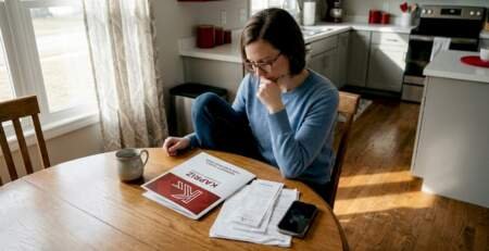 Homeowner reviewing hardwood flooring warranty documents