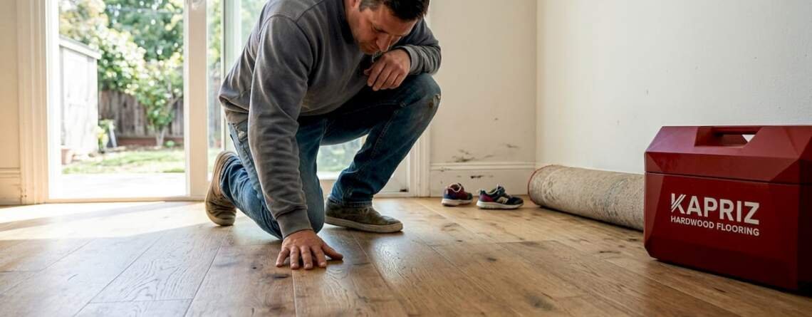 Homeowner inspecting hardwood floor in bright living room