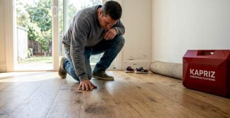 Homeowner inspecting hardwood floor in bright living room