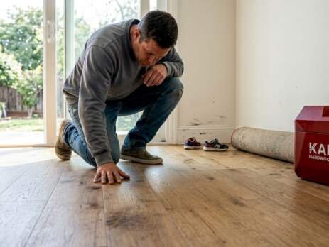 Homeowner inspecting hardwood floor in bright living room
