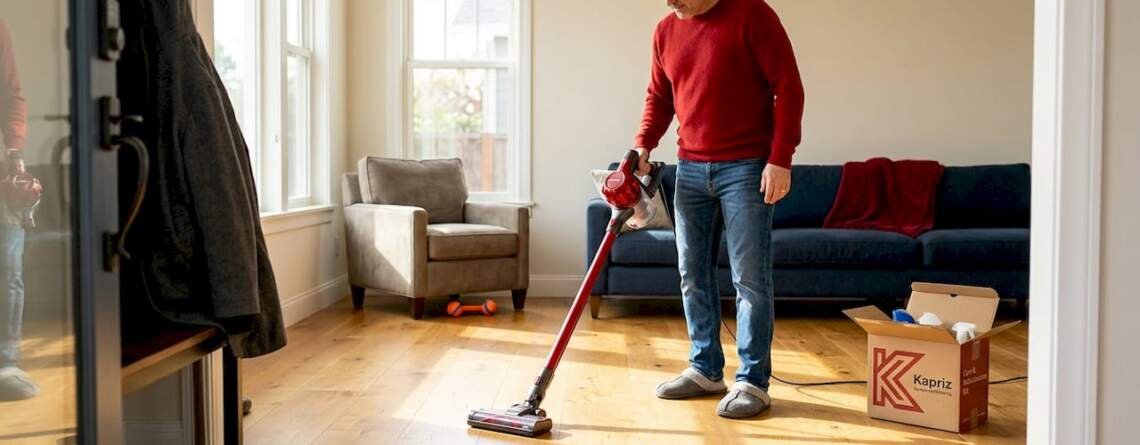 Homeowner cleaning sunlit hardwood living room floor