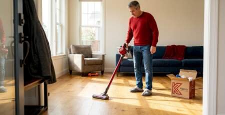 Homeowner cleaning sunlit hardwood living room floor