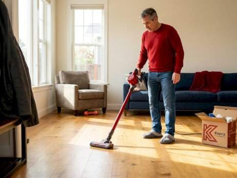 Homeowner cleaning sunlit hardwood living room floor