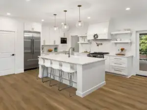 Acropolis Paradigm Flooring Conquest 20MIL SPC installed in kitchen — soft tan-gold for luminous interiors — Bay Area