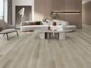 Alpaca SPC flooring in a warm living room, soft greige-beige.