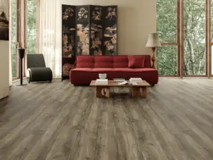 Amazon Paradigm Flooring Insignia 20MIL WPC installed in open living room with garden views — greyish-taupe — Cupertino