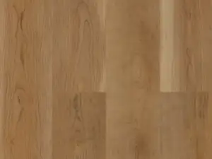 American Cherry golden amber lit by a warm honeyed glow wood-look SPC plank, 7.2 inches wide.