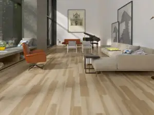 American Hickory SPC flooring in a clean living room, soft beige.