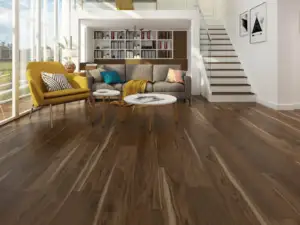 American Walnut SPC flooring in a mid-century living room, deep chocolate brown.