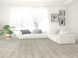 Armor Paradigm Flooring Conquest 20MIL SPC installed in living room — light greige with airy, open feel — Palo Alto