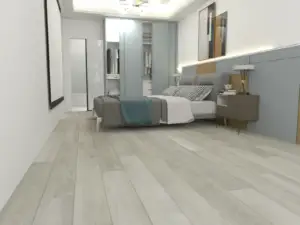 Baron Paradigm Flooring Conquest 20MIL SPC installed in bedroom — soft whitewashed greige with creamy undertones — Fremont