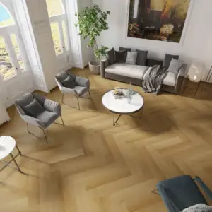 Bella Sala Herringbone Eterra Red SPC installed in living room — warm honey oak herringbone, classic chevron pattern