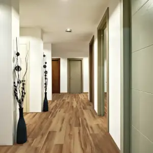 Belmont Hickory COREtec Pro Classics SPC installed in hallway — Warm medium brown accented by honey tones — Sunnyvale
