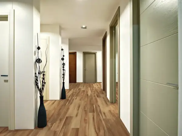 Belmont Hickory COREtec Pro Classics SPC installed in hallway — Warm medium brown accented by honey tones — Sunnyvale